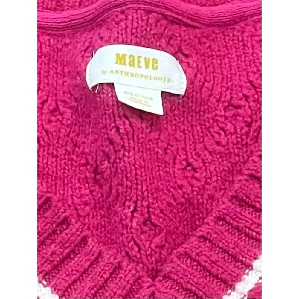 Maeve Anthropologie Hot Pink Cable Knit V-Neck Tipped Varsity Sweater Medium - Picture 4 of 10